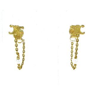 CELINE Trionf Chain Pearl Earrings - Gold Cream Hardware Fake Pearl 390-081725
